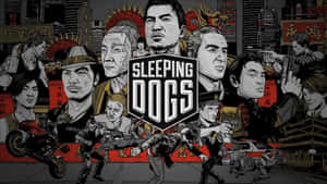 《Sleeping Dogs》遊戲封面，在混亂的街道場景中展示風格化的角色。 — 睡狗 壁紙