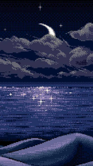 像素藝術夜景 月亮 星星 海洋 山脈