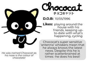 黑色卡通貓咪，黃色耳朵和藍色項圈，名為 Chococat，附有描述性文字。