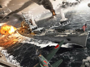 戰艦在炮火中，戰鬥機在附近飛行的海戰場景。 — 現代戰爭 壁紙