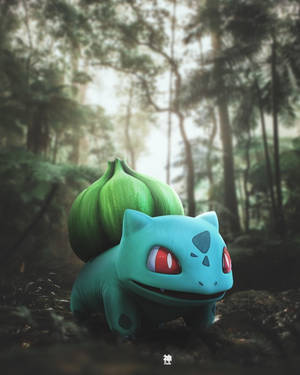 一隻藍色嘅 Bulbasaur 背上有一個綠色球莖，喺霧氣森林入面。 — 可愛寵物小精靈 壁紙