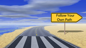 藍天下沙漠道路上的黃色路牌，寫著「Follow Your Own Path」。 — 勵志語錄 壁紙