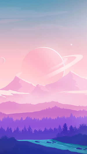 粉紅色山脈 紫色森林 河流 在帶有光環的發光行星下