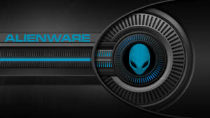 Alienware遊戲標誌，帶有發光的藍色外星人頭部和文字，背景為深色背景。