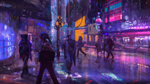夜晚的未來城市街道，霓虹燈和雨水濕滑的路面反射著發光的招牌。
