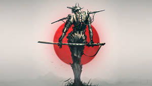 網絡武士戰士在紅色太陽背景下持刀。