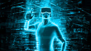戴著VR頭戴式裝置的人觸摸發光的數位數據流。