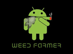 綠色Android吉祥物吸食大麻，帶有煙霧和下方文字。 — 笑緊 壁紙