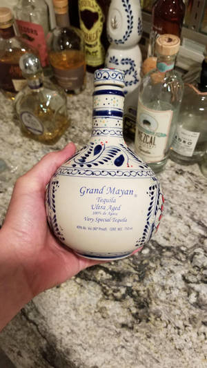 手拿著一個裝飾性龍舌蘭酒瓶，放在廚房櫃檯上，旁邊有其他酒瓶。