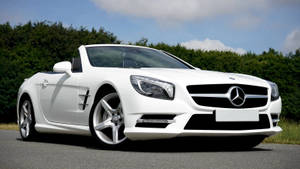 白色 Mercedes-Benz SL 開篷車停在有綠樹和藍天的路上。