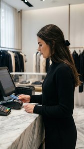 女性在服裝店櫃檯用卡付款