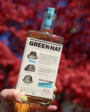 手拿著一瓶Green Hat氈酒，背景是紅色樹葉。