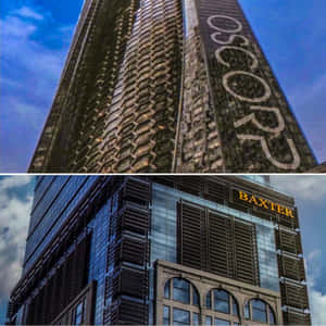 兩座現代玻璃摩天大樓，帶有「OSCAR」和「BAXTER」招牌，背景是多雲的天空。 — iPad (A16) 壁紙