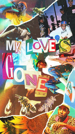 嘻哈藝術家與超現實圖像的拼貼畫，粗體文字寫著「MY LOVE'S GONE」。 — Tyler the creator GIF 壁紙