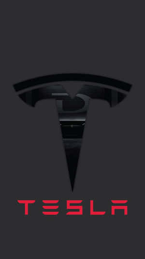 深灰色背景上的Tesla標誌及紅色文字。