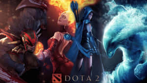 四位Dota 2英雄在戰鬥中使用火與水魔法。