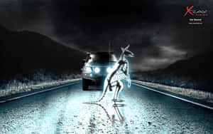 夜間，一隻發光的X光袋鼠骨架站立在汽車前方的道路上。