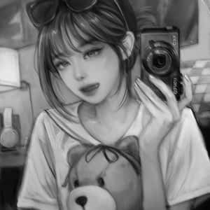 年輕女性抱著泰迪熊用復古相機對著鏡子自拍。 — 可愛動漫女仔 壁紙