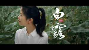 身穿白襯衫的女性站在荷花植物中，帶有中文書法文字。 — 3840x2160 壁紙