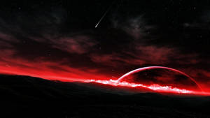 紅色極光照亮了一顆黑暗外星行星的地平線，上方是帶有流星的星空。