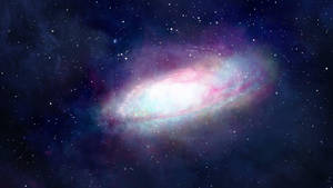一個發光的螺旋星系，帶有粉紅色和藍色雲團，被星星環繞。 — 星星 壁紙