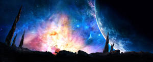 外星尖塔聳立在發光星雲和藍色行星之前的外太空。