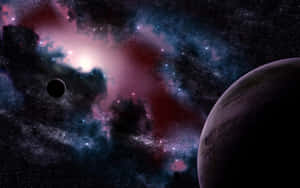 兩顆行星圍繞著深空中一個充滿恆星的彩色星雲運行。 — 銀河 壁紙