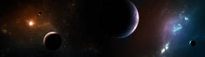 一個宇宙場景，在深空中有行星和發光的星雲。