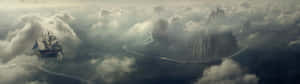 一艘帆船在雲層中航行，下方是蜿蜒繞過山峰的河流。 — 3840x1080 壁紙