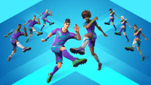 Fortnite足球運動員在藍色幾何場地上移動。