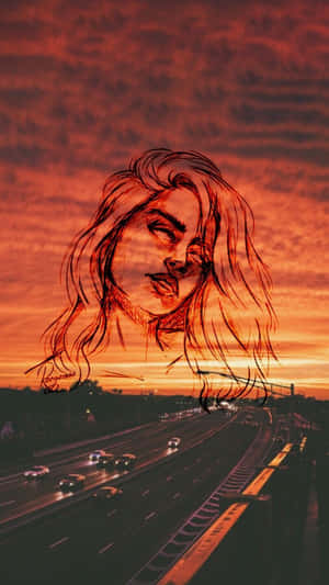 日落時分高速公路上的女性臉部素描，橙色天空和汽車燈光。 — 美學手機GIF 壁紙