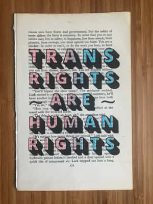 木質表面上書頁印有粗體文字「Trans Rights Are Human Rights」。
