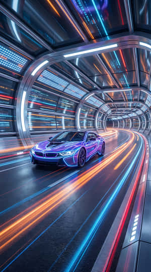 一架紫色BMW i8在霓虹燈照亮未來感隧道中疾馳。 — 未來風格動態圖 壁紙