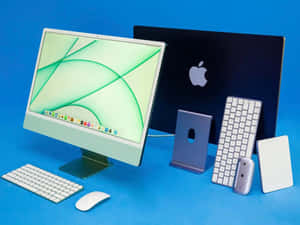 Apple iMac 電腦、鍵盤和滑鼠在藍色背景上 — 電腦 GIF 壁紙