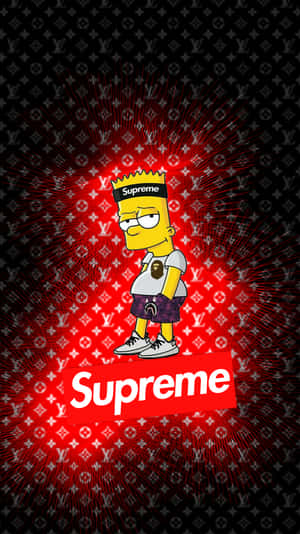 Bart Simpson 穿著 Supreme 服裝，搭配 Louis Vuitton 圖案和紅色光爆。