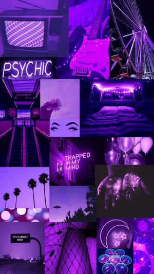 紫色霓虹拼貼畫，帶有 psychic 標誌、結他和夢幻城市景觀。
