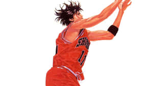穿著紅色湘北球衣的動漫籃球運動員正在投籃。