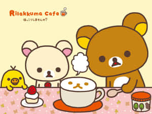 Rilakkuma 和朋友們在咖啡店裡，在花卉桌布上享用茶和蛋糕。