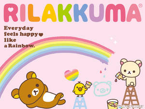 Rilakkuma和朋友們在彩色拱門下畫彩虹心形。