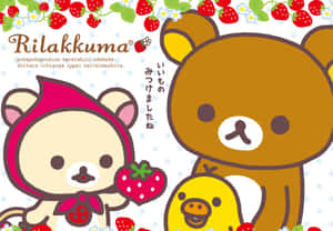 Rilakkuma 和朋友們在歡樂的卡通場景中拿著草莓。