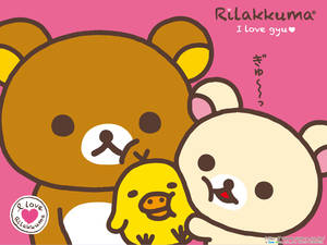 三個Rilakkuma角色在粉紅色背景上擁抱。
