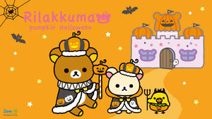 Rilakkuma和朋友們穿著萬聖節服裝，在星星下的南瓜城堡附近。