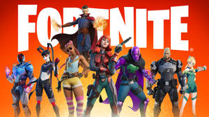 七個《Fortnite》遊戲角色身穿色彩繽紛的服裝，在橙色背景前擺姿勢。