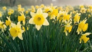 黃色水仙花與綠色莖稈在晨光下的田野中盛開