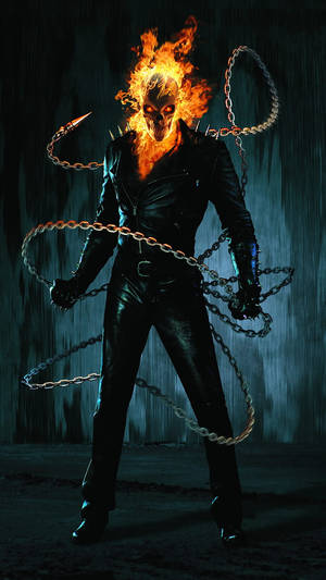 Ghost Rider 燃燒的頭顱和鎖鏈，雨夜場景