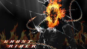 Ghost Rider 頭骨燃燒，手持鎖鏈，打破玻璃。