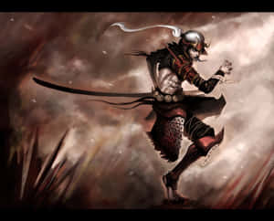 動漫武士戰士在暴風雨背景中持刀躍進
