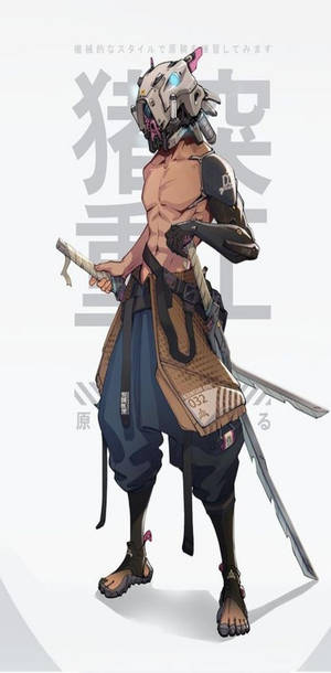 動漫角色，戴著機械頭盔，手持雙劍，賽博朋克風格。