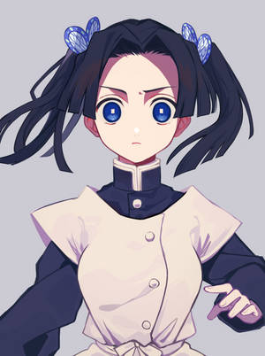 深色雙馬尾、藍色眼睛的動漫女孩，穿著白色和深色制服。