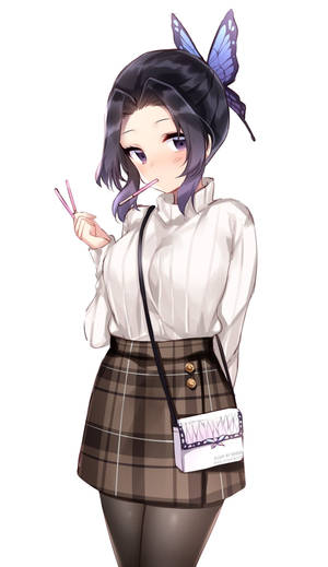 動漫女孩，紫色蝴蝶髮飾，格子裙，手持粉紅色筷子。 — 鬼滅之刃 壁紙